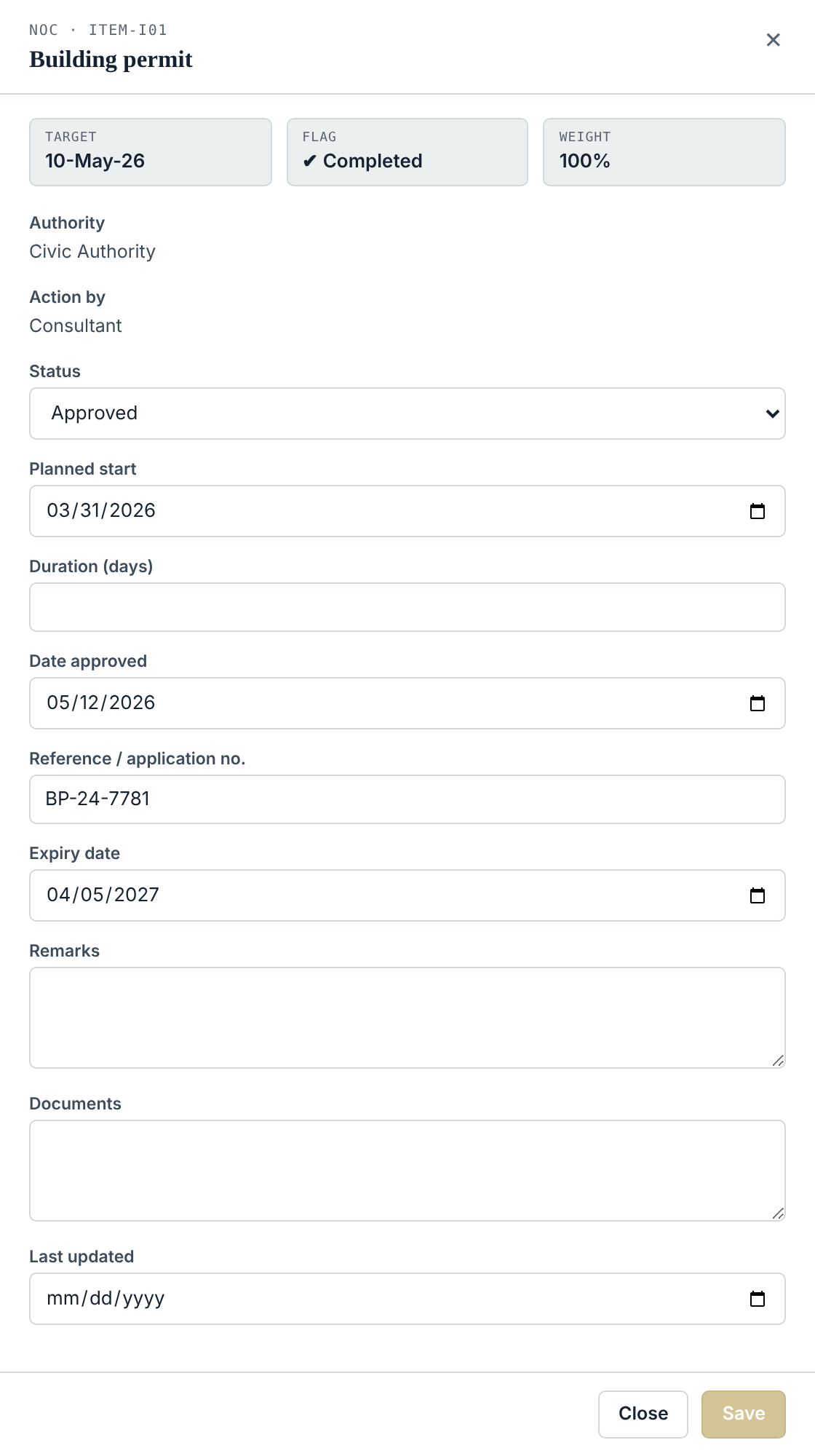 The side panel on the project dashboard, showing facts and editable fields