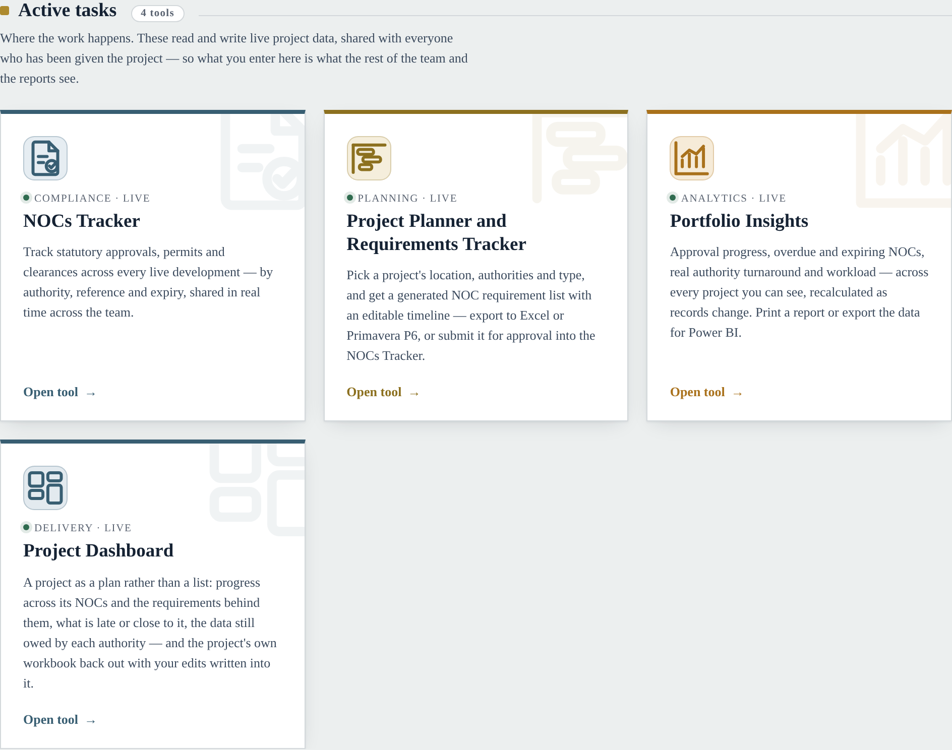 The Active tasks section of the home page, showing four tool cards